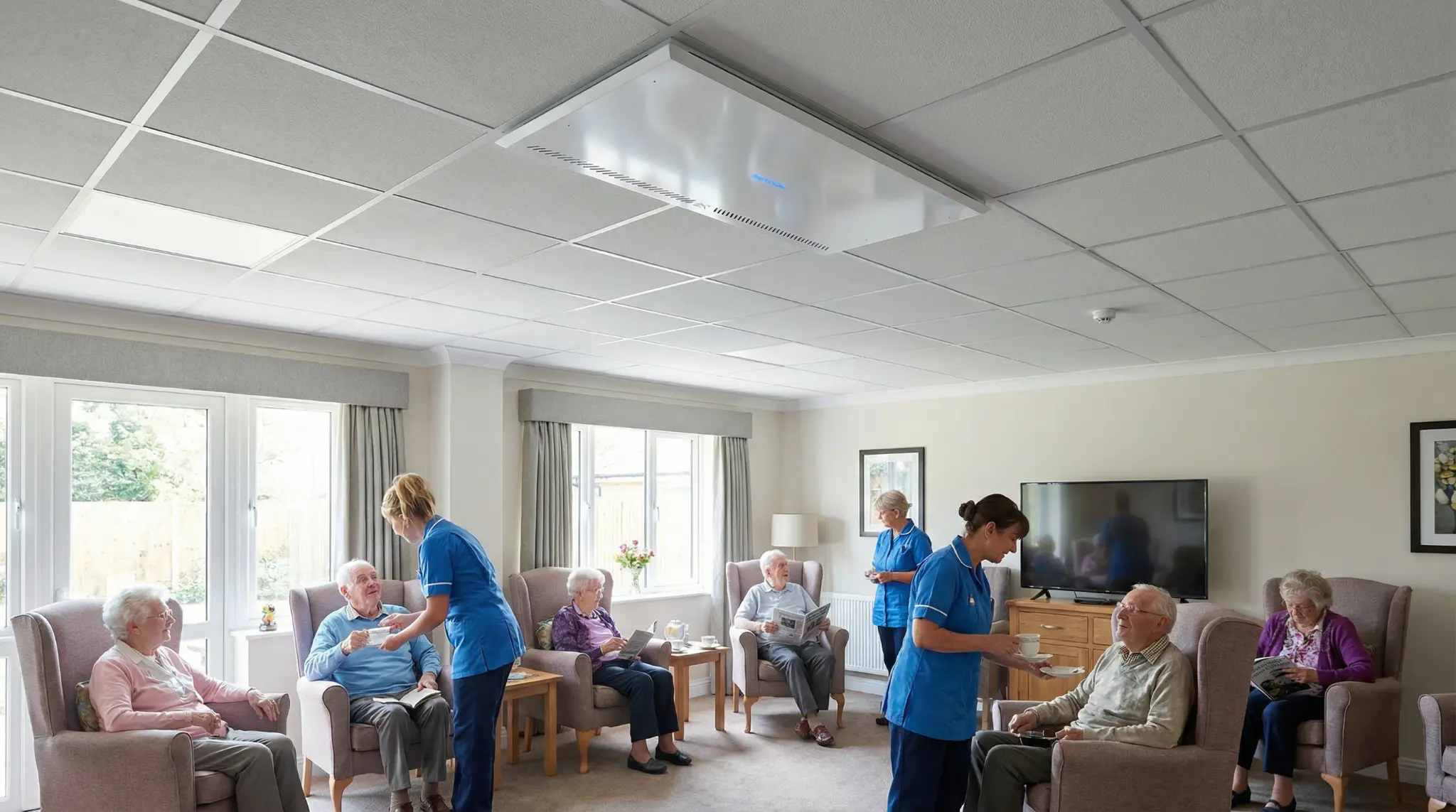 CT600 ceiling unit in care home lounge with residents and carers