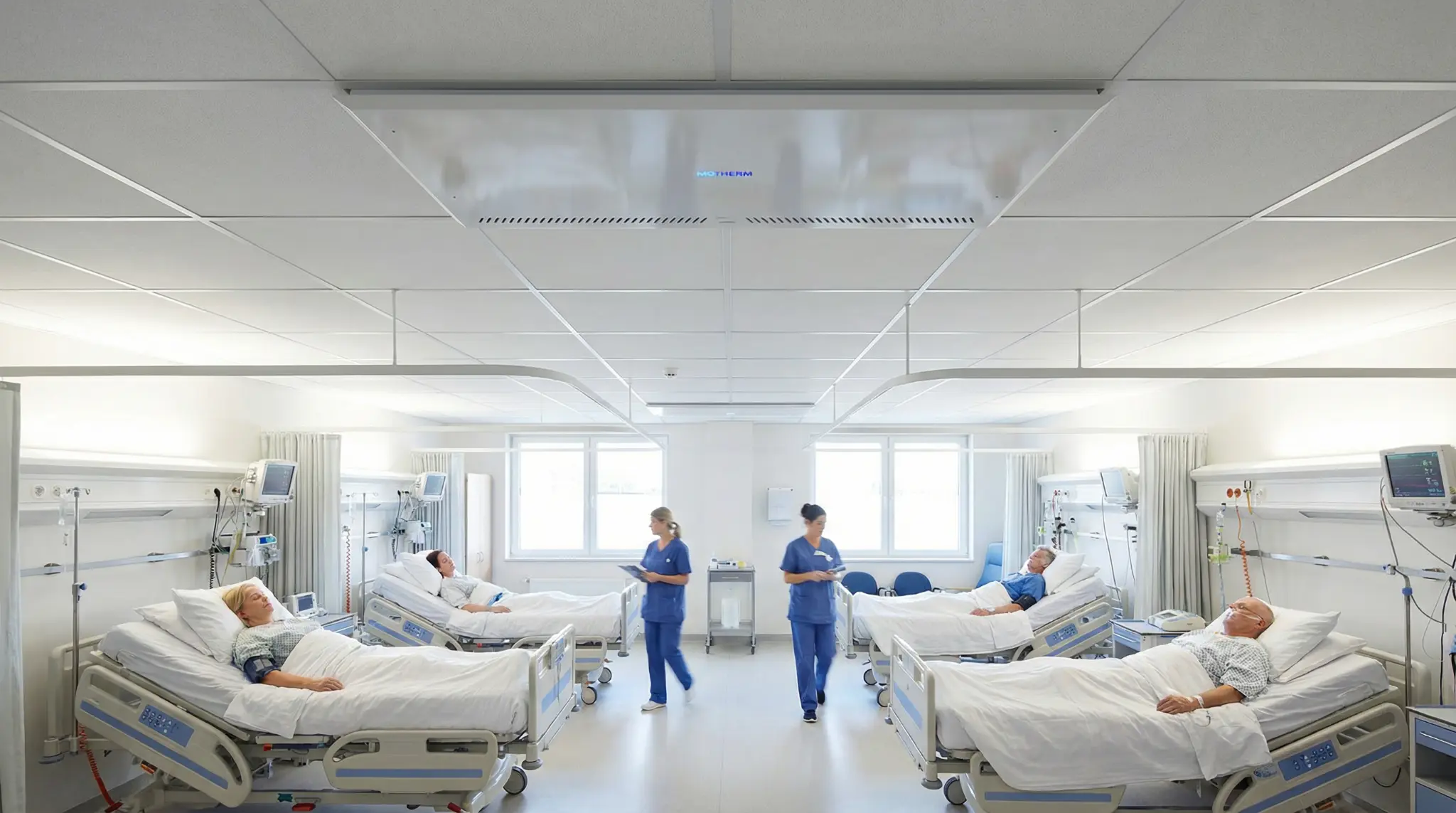 CT600 ceiling tile unit installed in NHS hospital ward with patient beds
