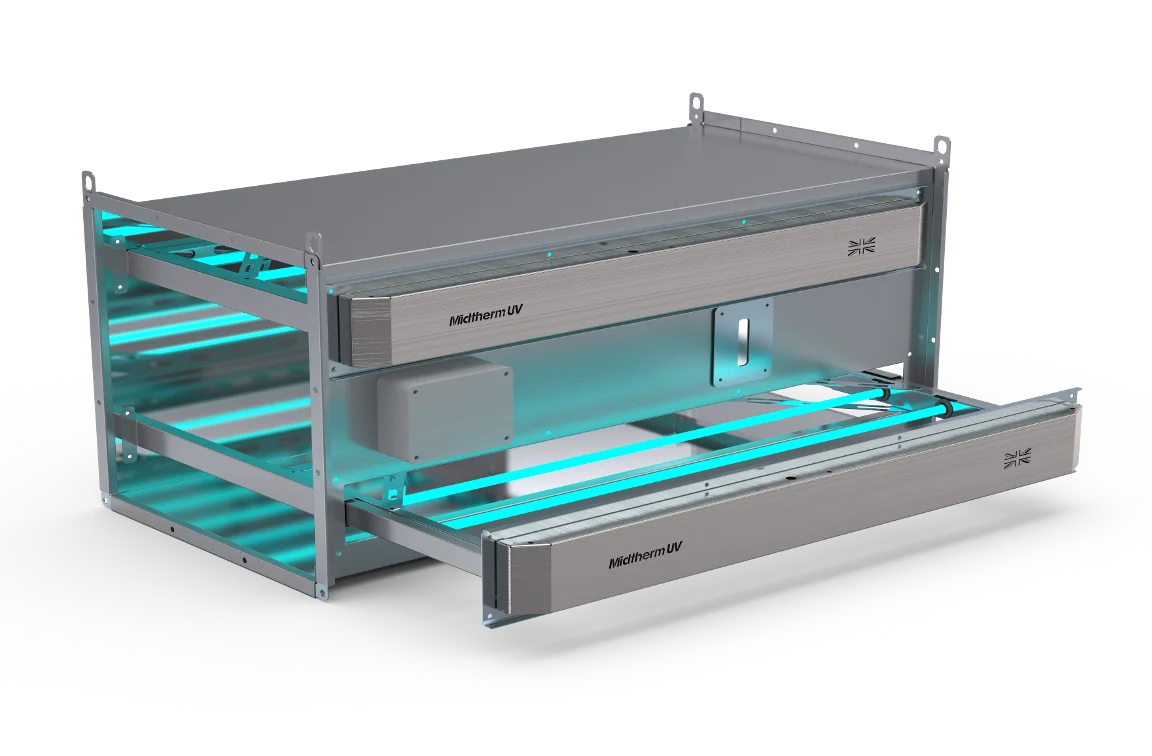 Professional 3D render of in-duct UV-C air purification unit showing dual-chamber design with UV lamps