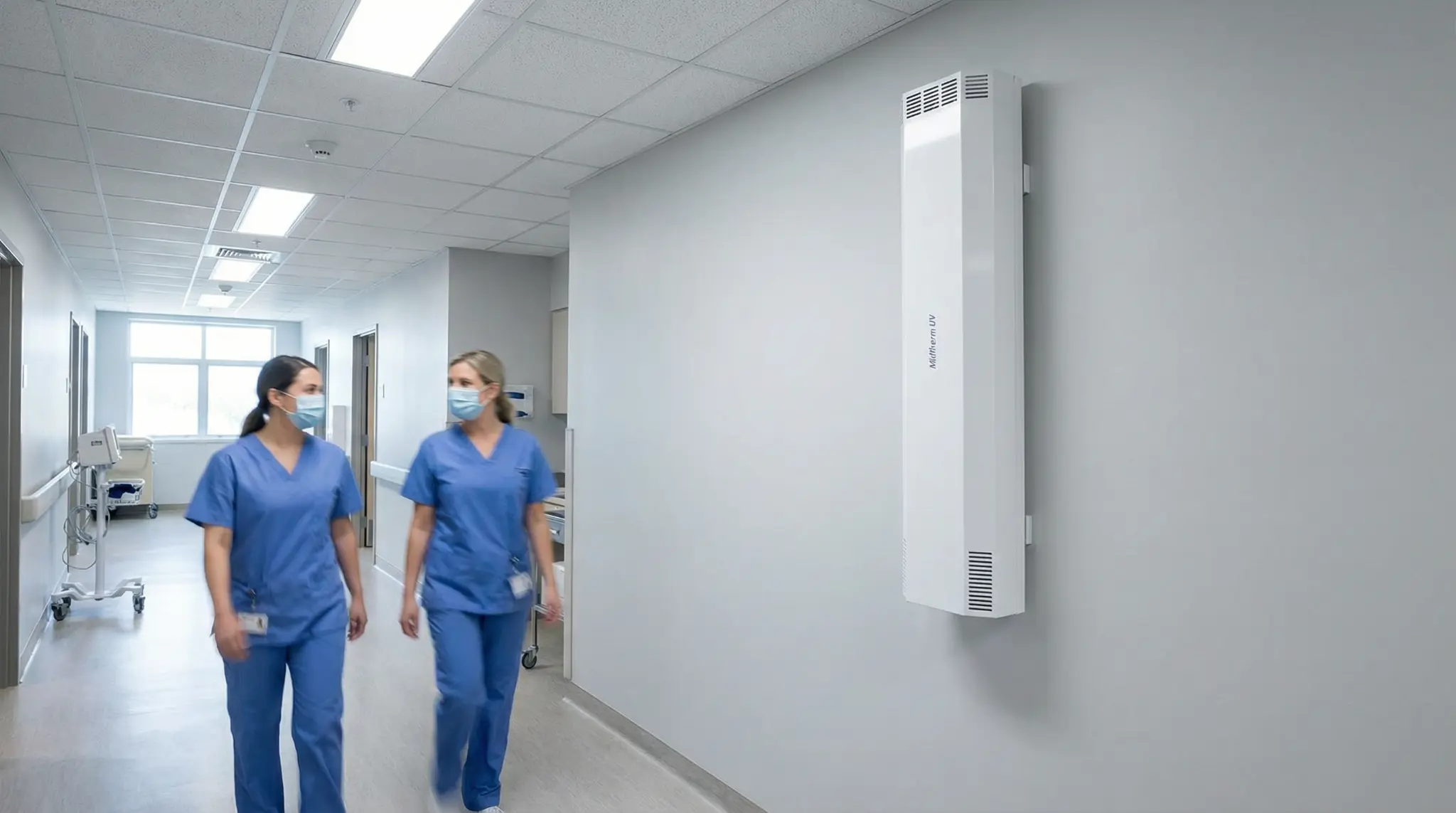 MT250 wall-mounted in hospital corridor with healthcare professionals